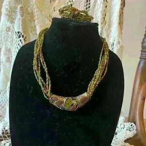 Vintage Multi-Strand Green Seed Bead Necklace w/ Enameled Rhinestone Enhancer